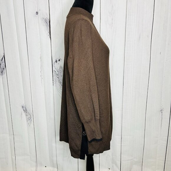 Chicos Tunic Sweater Women Sz 1 M Brown Cashmere Blend Side Button Contrast Trim - Picture 10 of 10